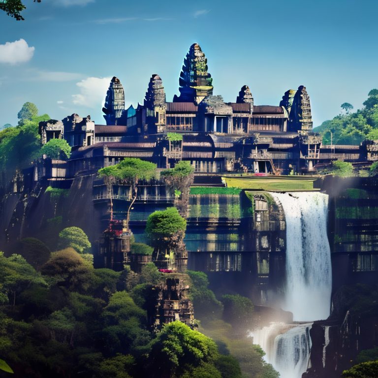 A large building sitting on top of a lush green hillside Angkor Wat ...