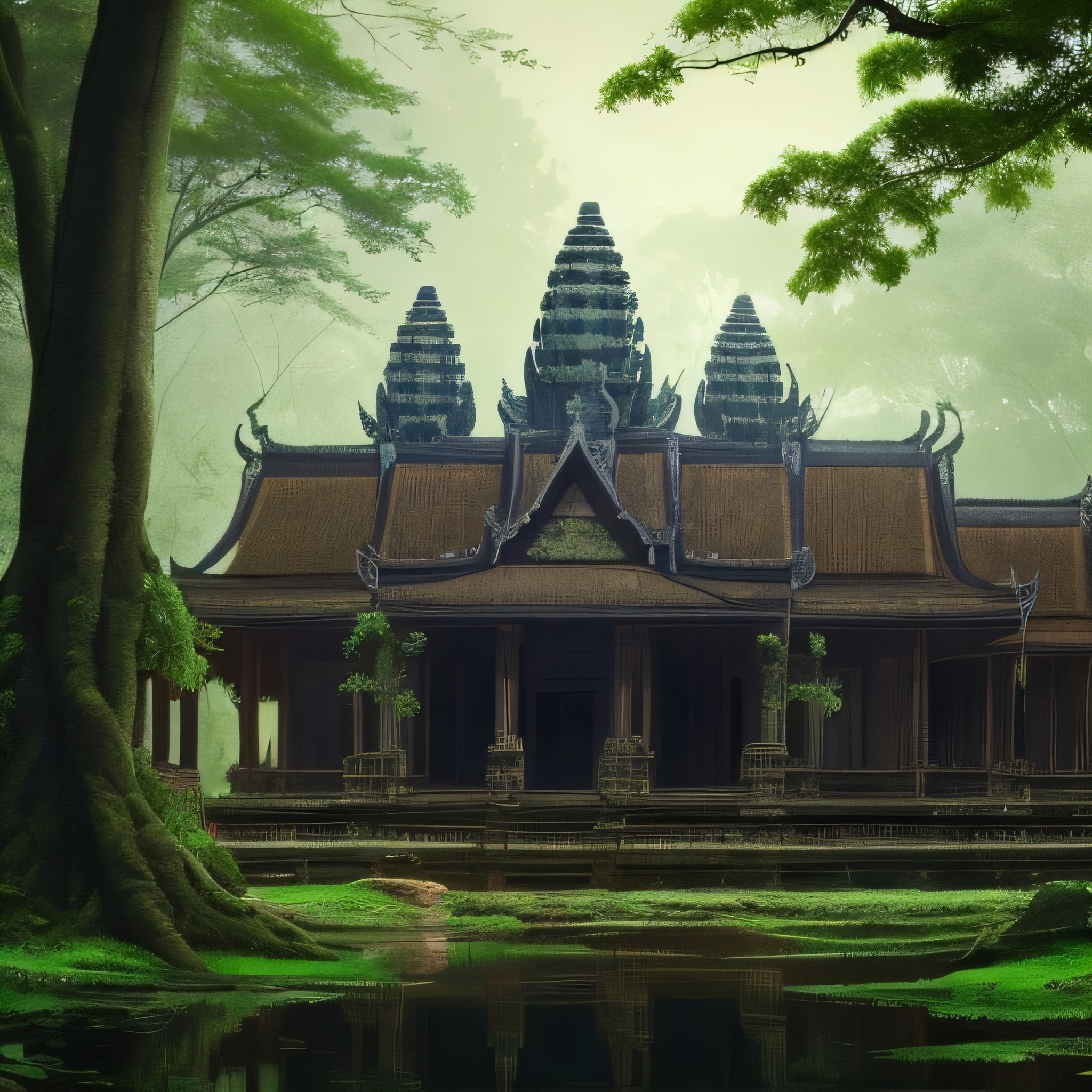 A large pagoda in the middle of a Angkor Wat Temple forest