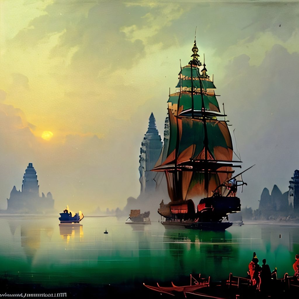 Painting of a ship in River In front of Angkor Wat Temple - AI Cambodia ...