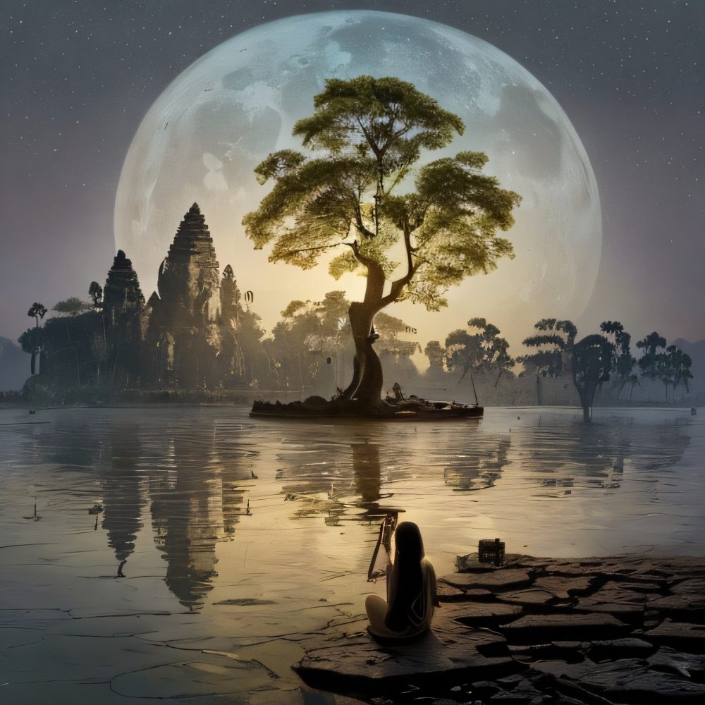 Woman sitting on the shore of a body of water under a full moon