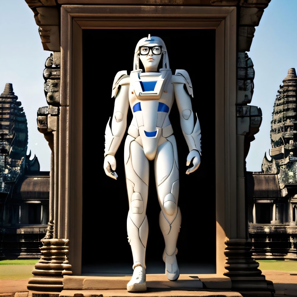 A robot in front of a doorway at Angkor Wat Temple by AI